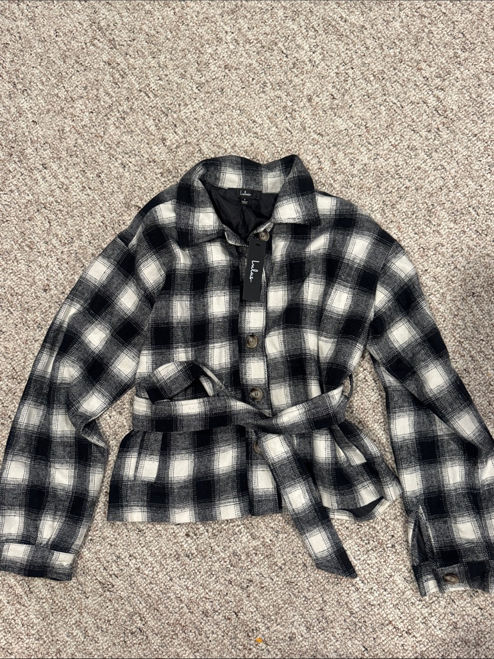 Lulu's Black and White Plaid Belted Jacket
